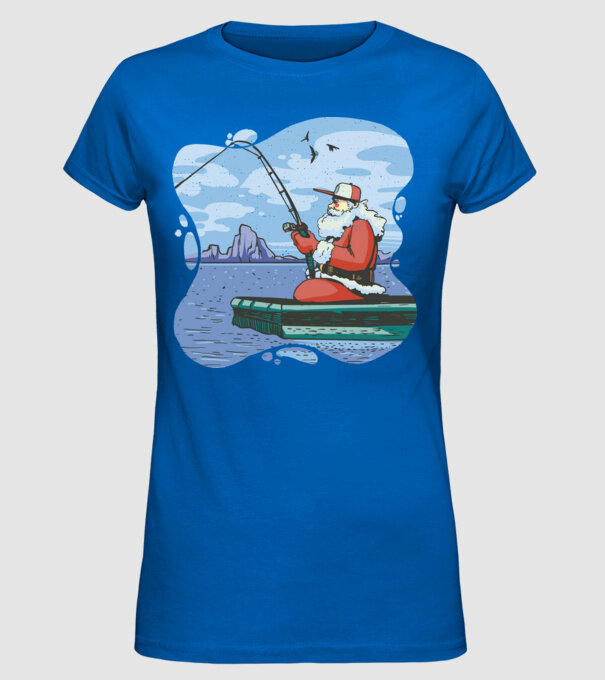 Moș Crăciun la pescuit model albastru regal pe tricou