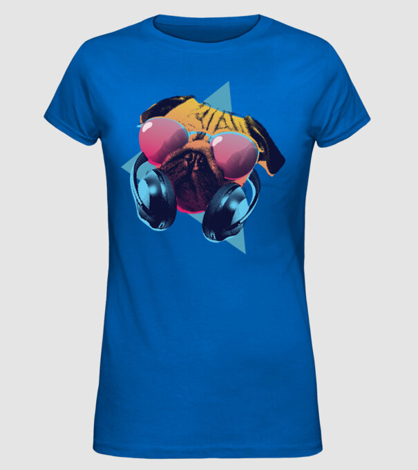 Mops cu căști model albastru regal pe tricou