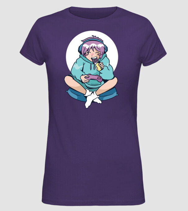 Anime Gamer Fată cu ciocolată model mov pe tricou