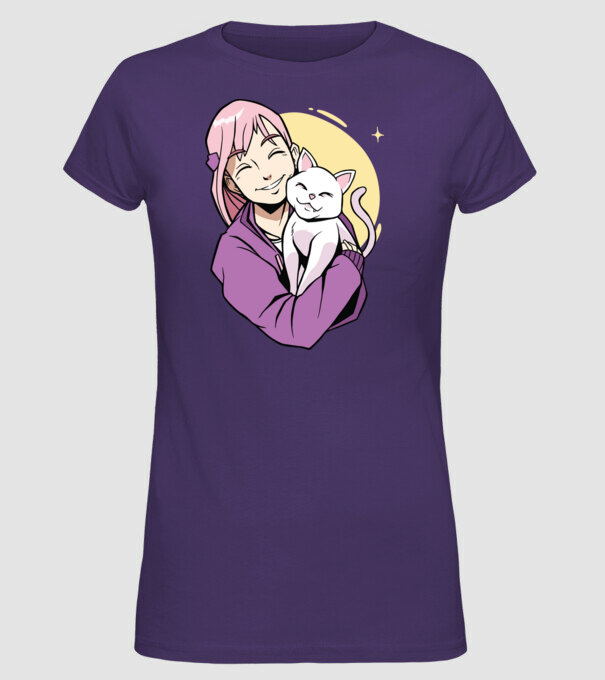 Anime fată cu pisică model mov pe tricou