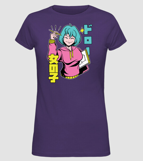 Anime fată desenând model mov pe tricou