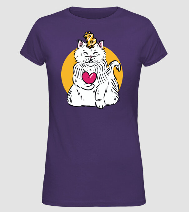 Pisică Bitcoin model mov pe tricou