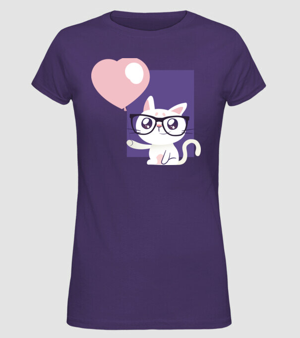 Inimă Pisică cu balon model mov pe tricou