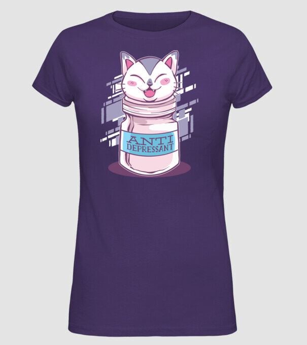 Tabletă antidepresivă pisică model mov pe tricou
