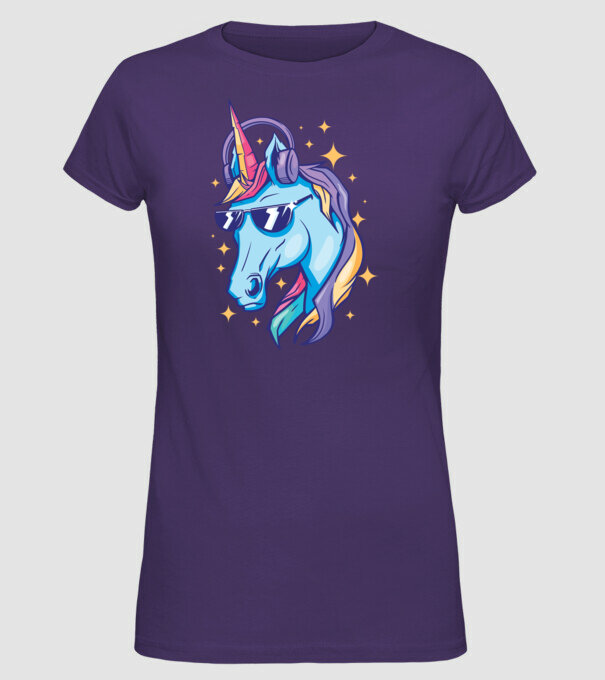 Unicorn strălucitor cu căști model mov pe tricou