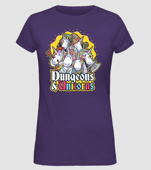 Dungeons and Unicorns model mov pe tricou