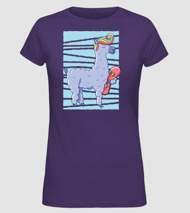 Lama Skateboarder model mov pe tricou
