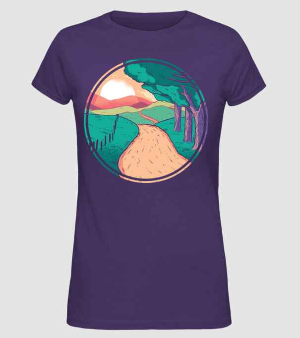Drum spre casă la apus de soare model mov pe tricou