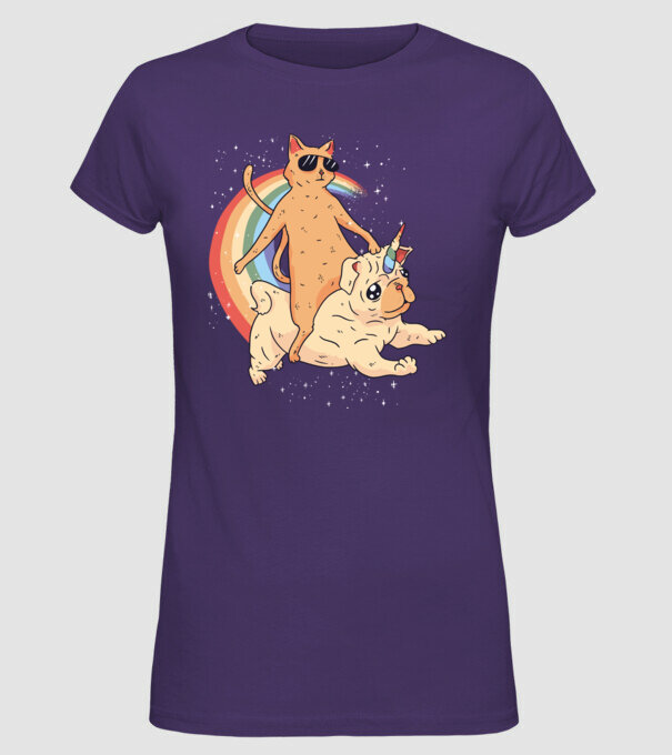 Pisică și Mops unicorn model mov pe tricou