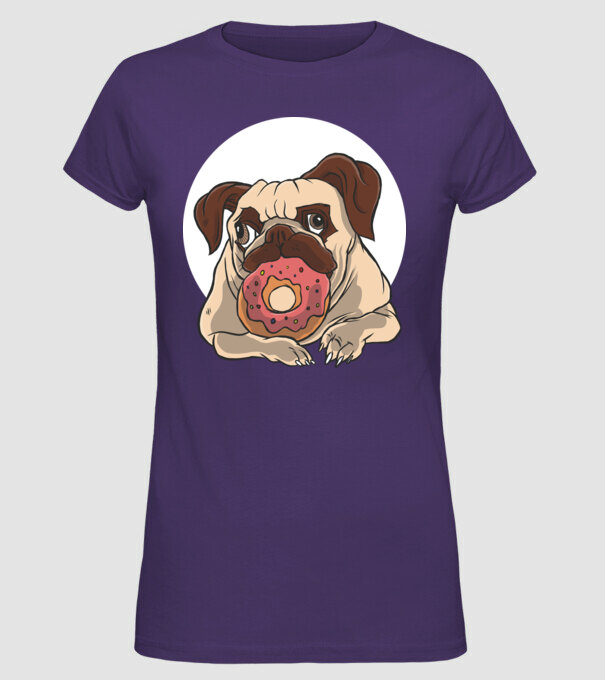 Mops cu gogoașă model mov pe tricou