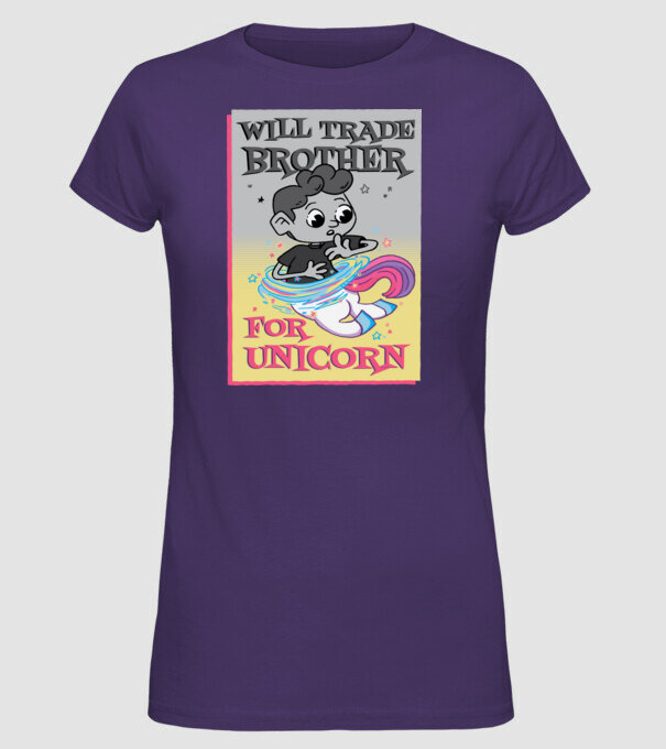 Îl ofer la schimb pe fratele meu pentru un unicorn model mov pe tricou