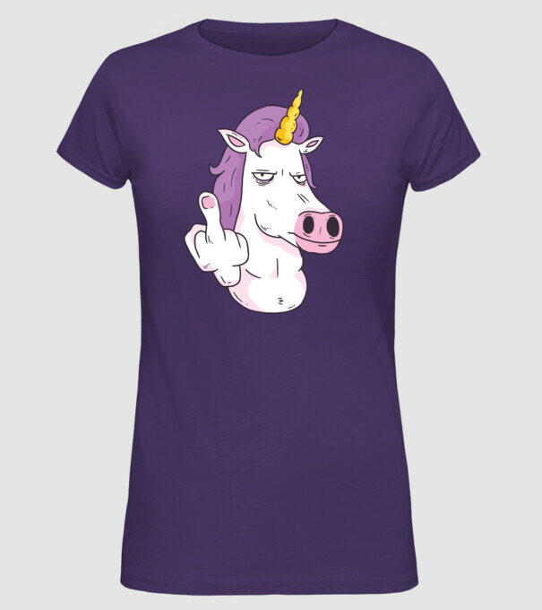 Unicorn arată degetul model mov pe tricou