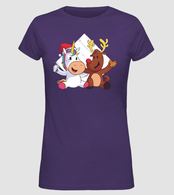 Unicorn și Ren prietenie tricou drăguț de Crăciun model mov pe tricou