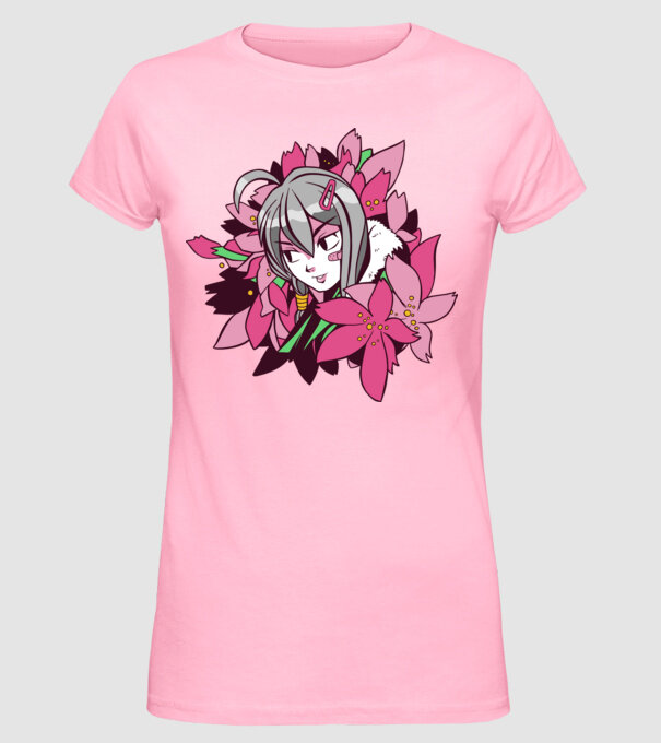 Anime fată printre flori model roz deschis pe tricou