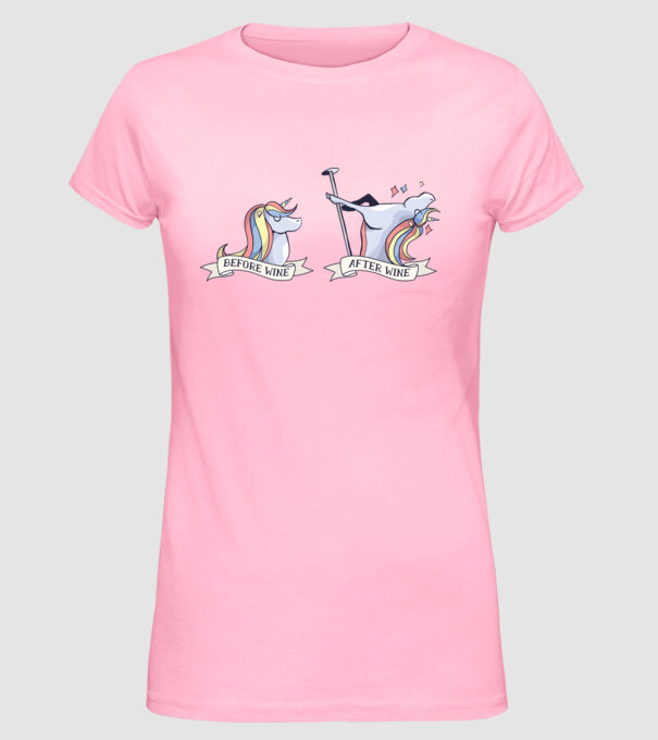 Înainte și după vin Unicorns model roz deschis pe tricou