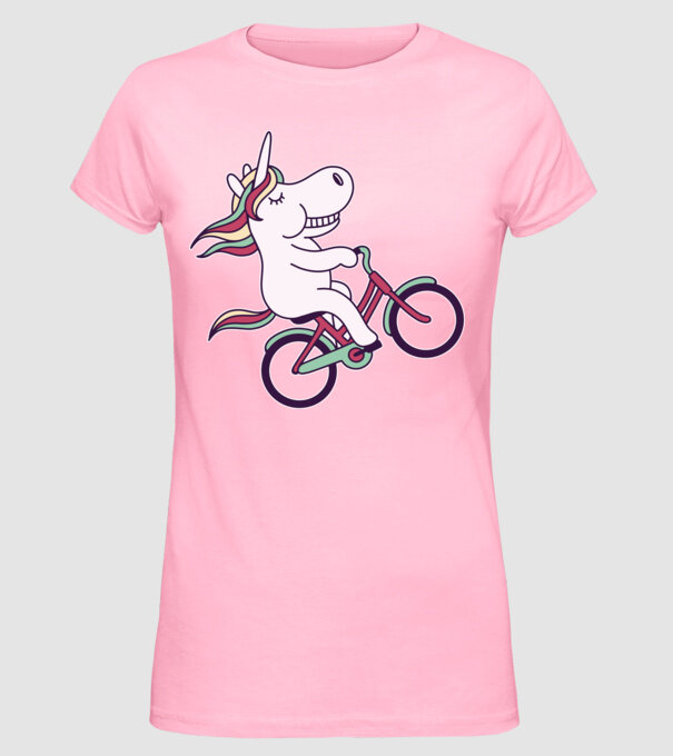 unicorn cu bicicletă model roz deschis pe tricou
