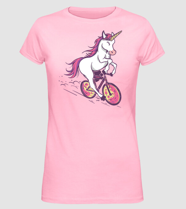 unicorn cu bicicletă model roz deschis pe tricou