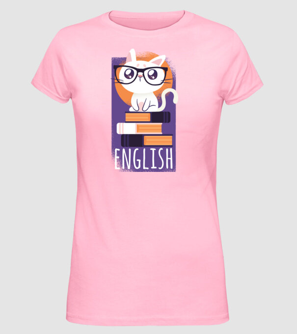 Pisică cu cărți model roz deschis pe tricou