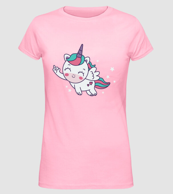 Unicorn drăguț arată degetul model roz deschis pe tricou