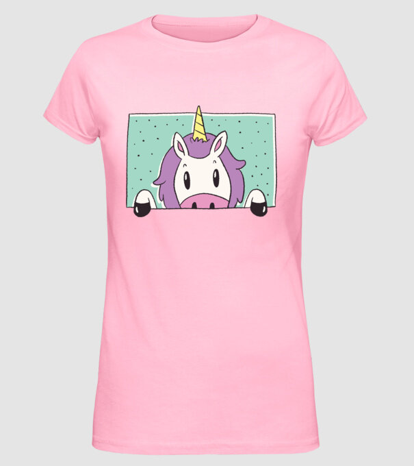 Unicorn curios model roz deschis pe tricou