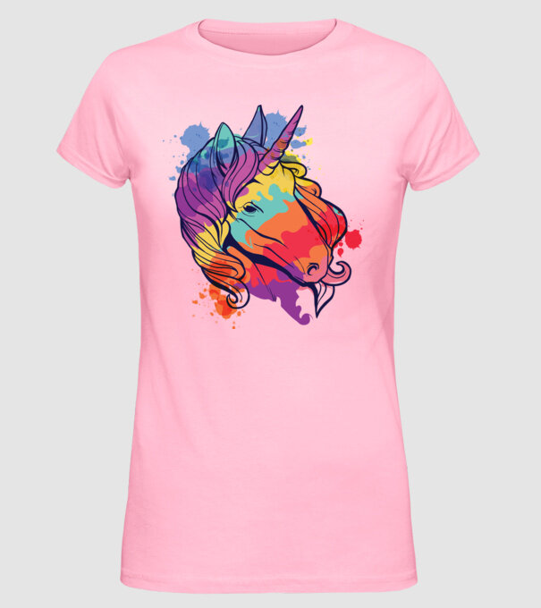 Curcubeu colorat Unicorn tricou model roz deschis pe tricou