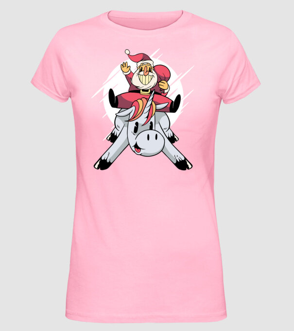 Moș Crăciun pe unicorn model roz deschis pe tricou