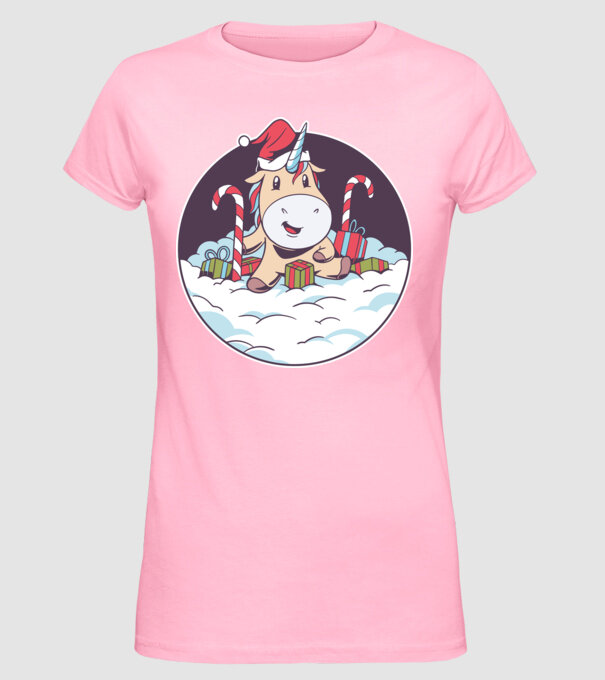 Unicorn Moș Crăciun cu cadouri model roz deschis pe tricou