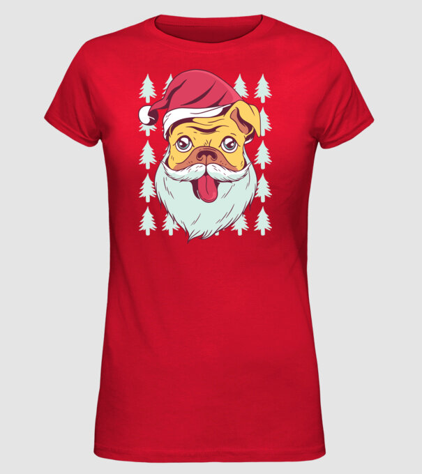 Tricou Crăciun Mops model roșu pe tricou