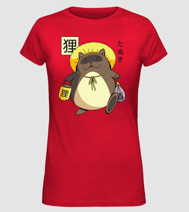 Tanuki Yokai model roșu pe tricou