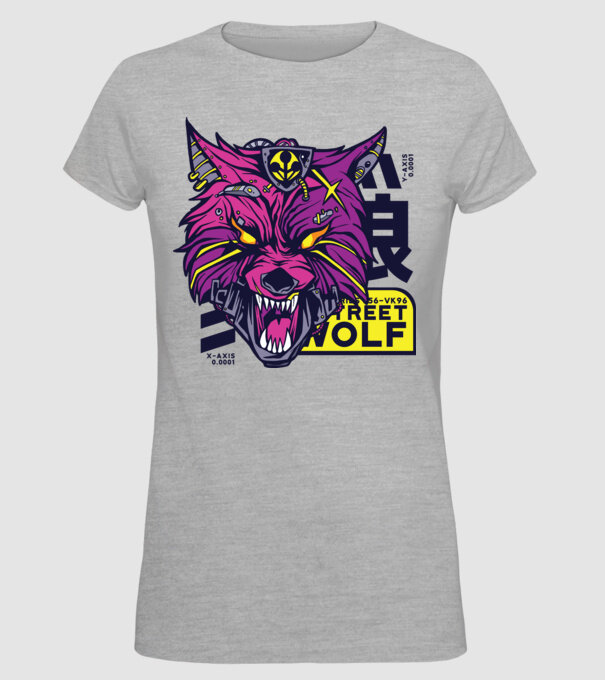 Cap de lup Cyberpunk model gri pe tricou