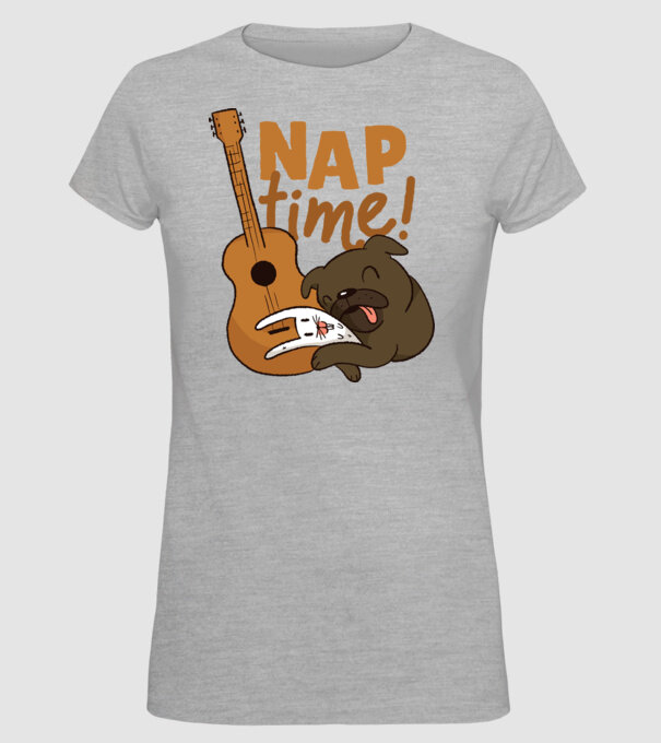 Timp pentru siestă - mops drăguț cu iepuraș și chitară model gri pe tricou