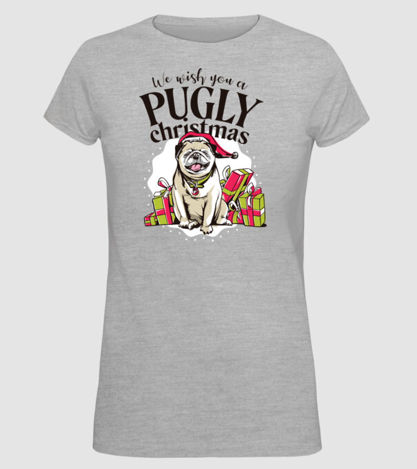 We wish You a Pugly Christmas tricou cu mops model gri pe tricou
