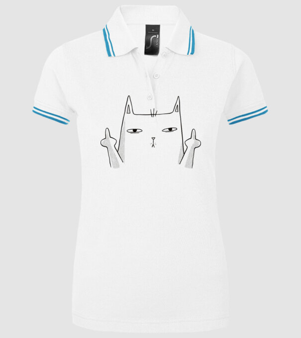 Pisică desen arată degetul model alb pe tricou
