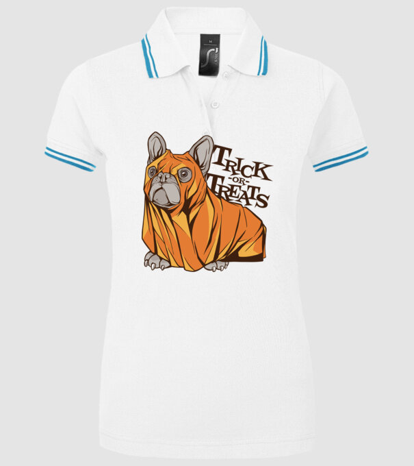 Trick or Treat Mops Halloween model alb pe tricou