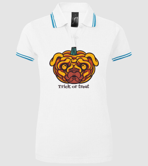 Mops cap de dovleac Halloween model alb pe tricou