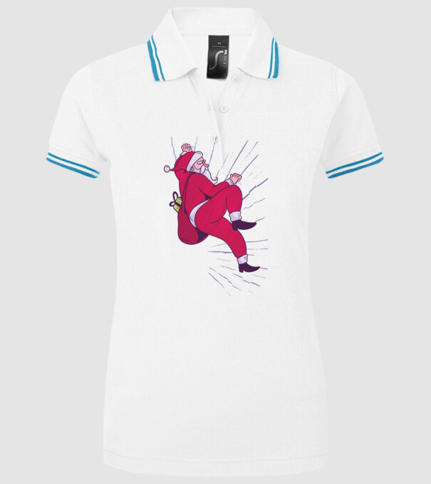Moș Crăciun se cațără cu cadouri - tricou Crăciun model alb pe tricou