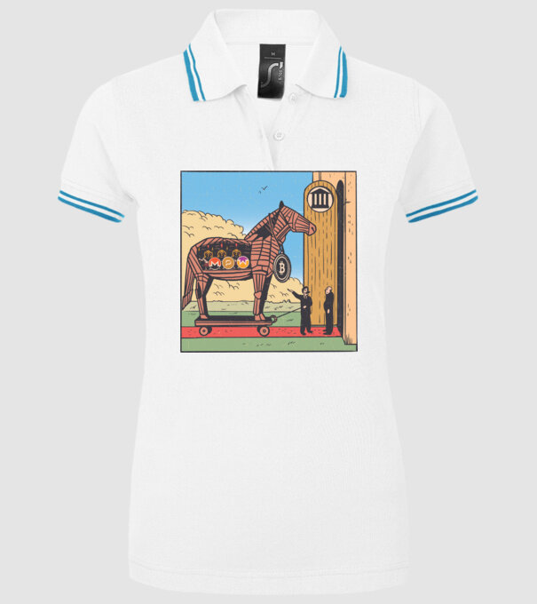Cal troian Bitcoin model alb pe tricou