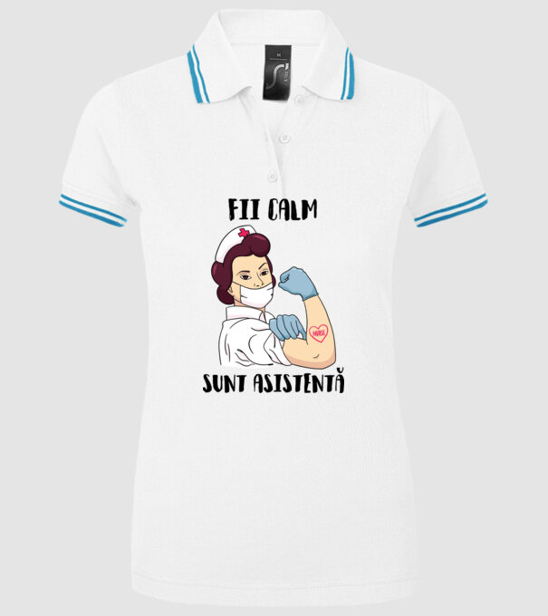 Fii calm, sunt asistentă model alb pe tricou