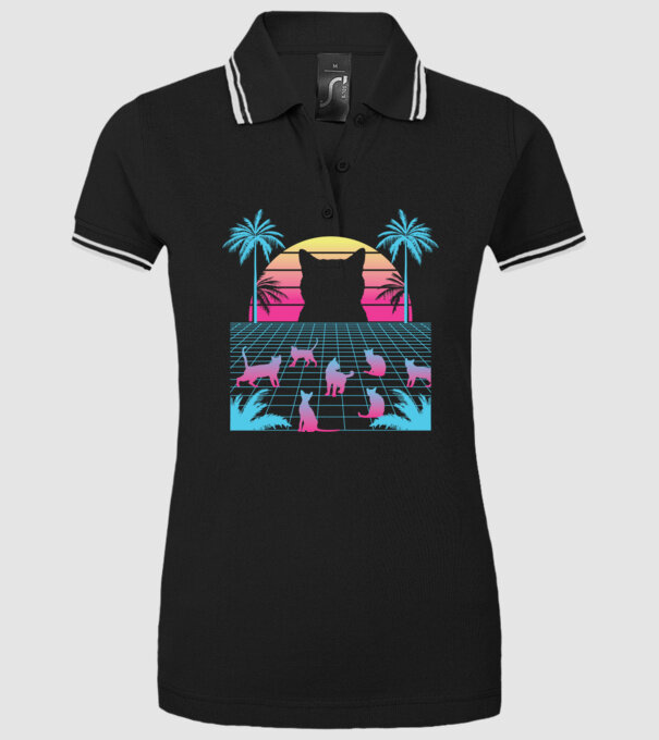 Pisică Vaporwave neon model negru pe tricou