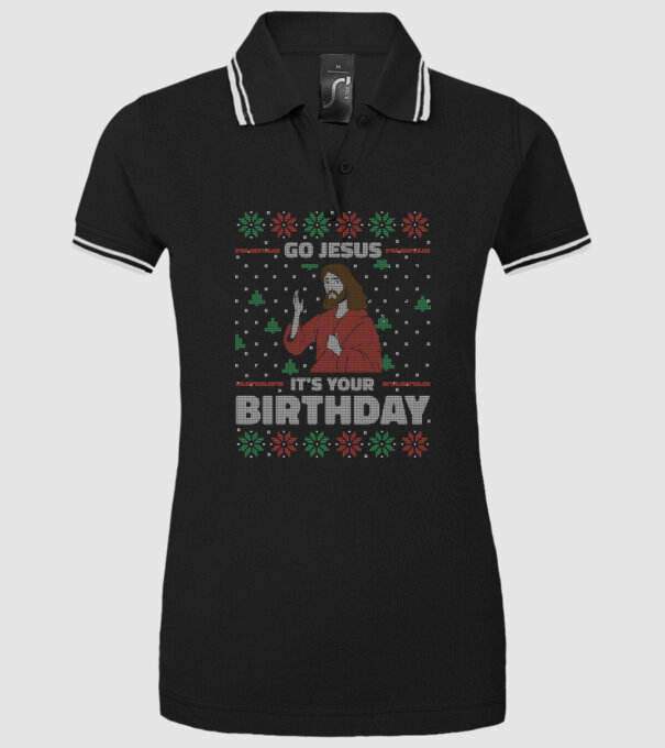 'Go Jesus, It''s Your Birthday Ugly Sweater' model negru pe tricou