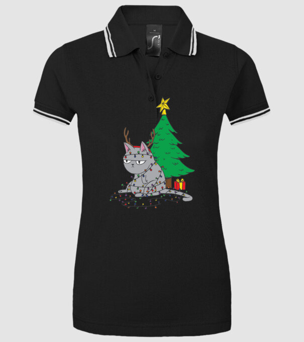 Pisicuță încurcată în becurile pomului de Crăciun model negru pe tricou