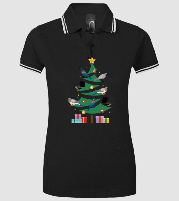 Pom de Crăciun cu păsări model negru pe tricou
