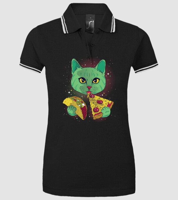 Pisică Cosmică Pizza și Taco model negru pe tricou