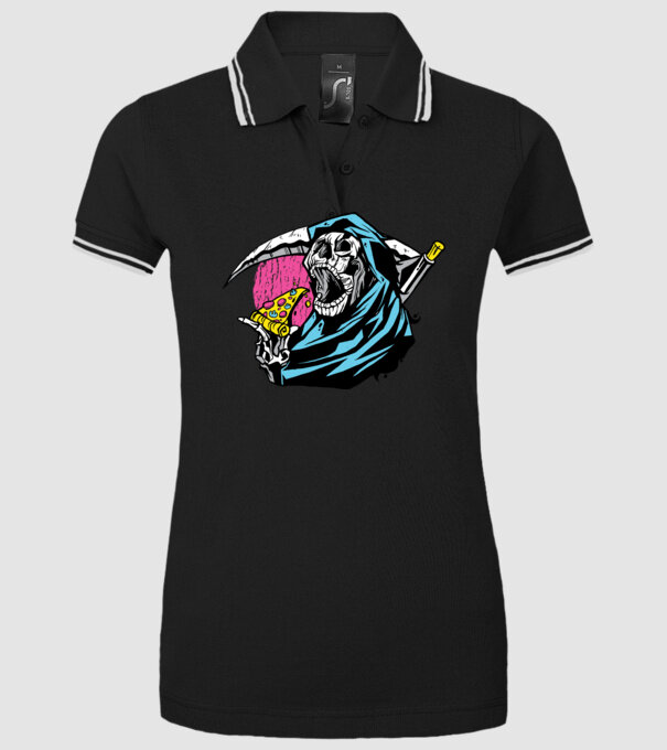 Om cu coasă și pizza model negru pe tricou