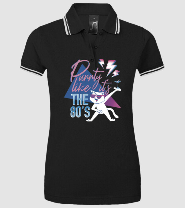 'Purrty Like it''s the 80''s' model negru pe tricou