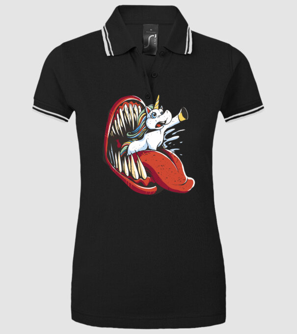 În gura monstrului Unicorn model negru pe tricou