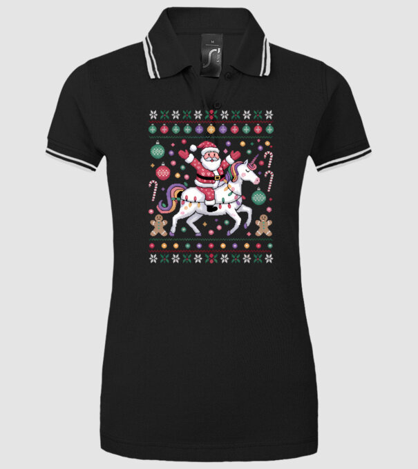 Moș Crăciun pe un pulover urât unicorn model negru pe tricou