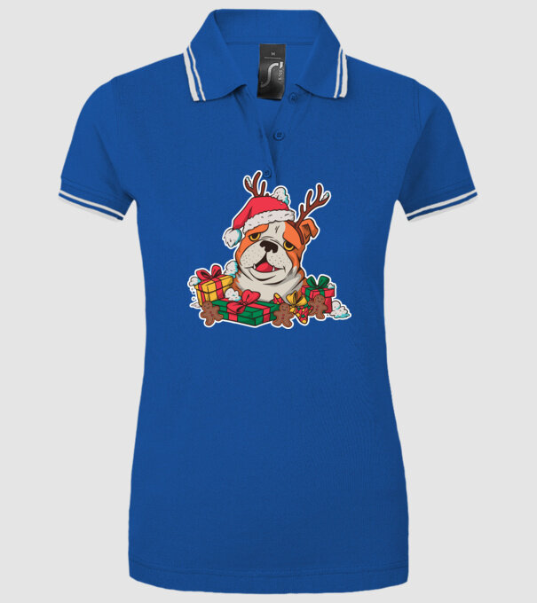 Bulldog de Crăciun model albastru regal pe tricou