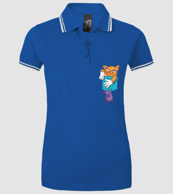 Pisică cu șoarece buzunar model albastru regal pe tricou
