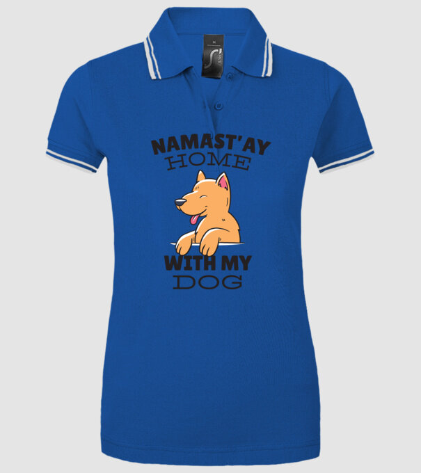 'Namast''ay Home with my Dog -Yoga Carantină' model albastru regal pe tricou
